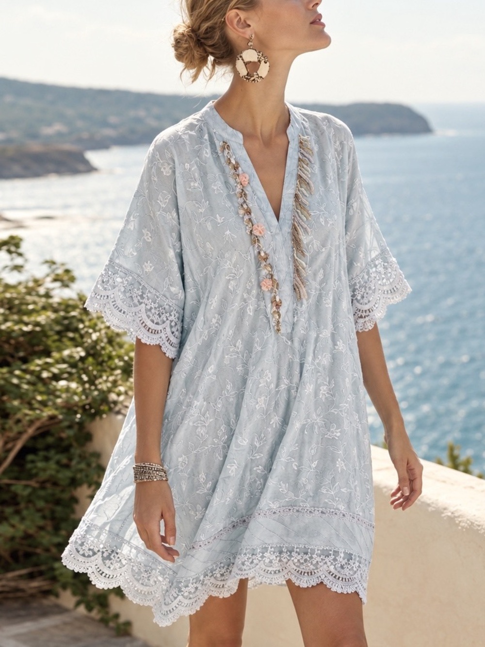Women Pastel Blue Embroidered Lace Beaded Relax V-Neck Tunic Kaftan Fairy Whimsy